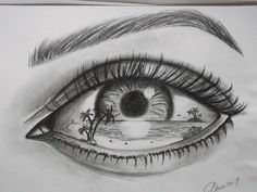 a drawing of an eye with palm trees in the background