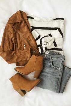 #veganleatherjacket #cameljacket #stripedsweater #denim #booties #outfitideas #lovelulus Tan Suede Moto Jacket, Summer Work Outfits, Mode Inspo, Mode Inspiration, Moda Fashion