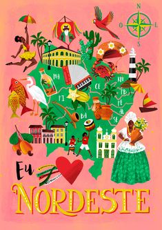 an illustrated map of the state of nordeste with birds, buildings and trees