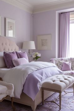 a bedroom with purple walls and white bedding, lavender curtains, an upholstered bench in the corner