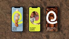 three cell phones with different images on them, one showing an egg and the other depicting two people