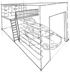 a drawing of a car in a garage with stairs to the top and bottom floor