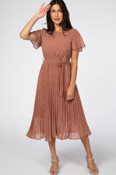 Rust Leaf Print Pleated Midi Dress – PinkBlush Midi Dress With Tights, Dresses With Tights And Boots, Waist Tie Dress, Tan Midi Dress, Midi Wedding Dress, Feminine Casual, Maternity Midi Dress, Womens Fall Dress, Modest Dresses Casual