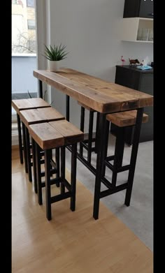 three stools and a table in a room