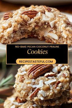 no - bake pecan coconut pralie cookies are stacked on top of each other