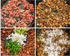 four pictures showing different stages of cooking meat and vegetables in pans, including diced onions, ground beef, rice, and other ingredients