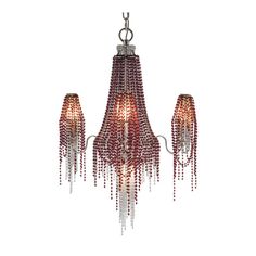 a chandelier with red beads hanging from it's sides and two lights on each side