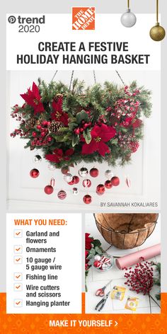 the holiday hanging basket flyer is shown with red poinsettis and greenery