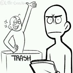 a cartoon drawing of a man standing in front of a trash can with the words trash written on it