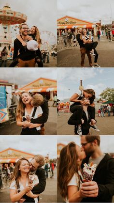 a man and woman kissing in front of an amusement park