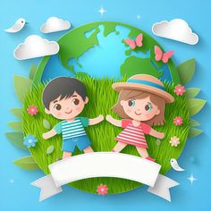 two children are standing in the grass and holding hands with an earth globe behind them