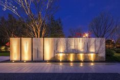 a wall with lights on it in the middle of a park at night time, surrounded by trees and bushes