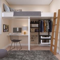 a loft bed is built into the side of a room with a desk and chair