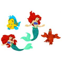 three little mermaids with different hair styles and colors are shown in the shape of magnets