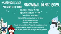 the snowball dance flyer is shown with two penguins and a snowman on it