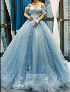 Prom Dresses Cinderella, Cinderella Quinceanera Dress, Cinderella Quinceanera, Dresses Cinderella, Blue Princess Dress, Off Shoulder Tulle, Prom Dress Blue, Lace Long Prom Dress, Blue Evening Dress