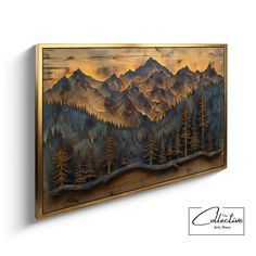 an art piece with mountains and trees painted on the wall in gold, black and brown