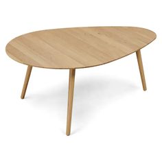 an oval wooden table with two legs and a curved top, viewed from the front