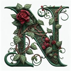 the letter n is decorated with roses and vines on it's sides, as well as leaves