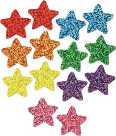 multicolored glitter stars are arranged in rows