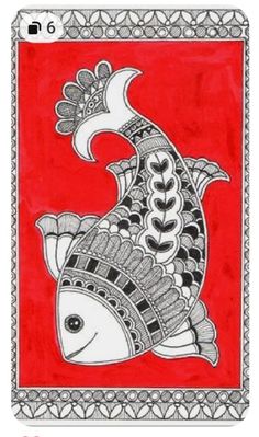 a drawing of a fish on a red background with silver trimmings and an ornate border