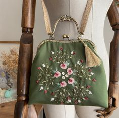 Handmade floral bag Luxury Embroidered Shoulder Bag, Elegant Green Bag With Floral Embroidery, Elegant Green Bags With Floral Embroidery, Vintage Green Mobile Phone Bag, Green Bags With Floral Embroidery As A Gift, Everyday Use Green Shoulder Bag With Floral Embroidery, Vintage Bags With Floral Embroidery For Daily Use, Floral Embroidered Satchel Bag For Everyday, Green Rectangular Shoulder Bag With Floral Embroidery