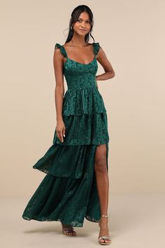 Stunning Glory Hunter Green Floral Jacquard Tiered Maxi Dress Dark Green One Shoulder Dress, Emerald Green Dress Church, Western Long Dresses Party Wear, Wedding Guest Dress Chiffon, Winter Formal Dresses Long Tight, Emerald Green Pleated Dress, Green Wedding Guest Dress Fall, Unique Prom Dresses Green, Eclectic Cocktail Dress