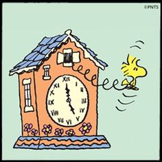 a cartoon drawing of a clock with a bird flying next to it