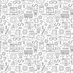 a black and white background with different types of web development icons on it, including laptops