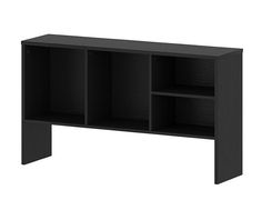 a black bookcase with three shelves on one side and an open shelf on the other