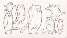 a drawing of five cats standing next to each other