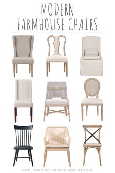 the modern farmhouse house chairs are shown in various styles and colors, including beiges, white