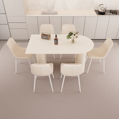 a white table with four chairs and a vase on it in a modern kitchen area