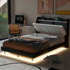 Full Size Upholstery Platform Bed Frame with LED Light Strips and Built-in Storage Space Practical Bed, Upholstery Headboard, Headboard With Shelves, Bed With Led Lights, Full Size Platform Bed, Storage Headboard, Upholstery Bed, Full Bed Frame, Platform Bed With Storage