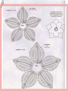 three crocheted flowers are shown on a piece of white paper with pink border