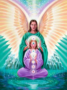 an angel holding a child in front of her and surrounded by the symbols of the seven chakras