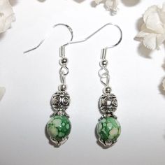 Beaded Earrings Set Handmade Funky Green Dangle Drop Jewelry Gift Woman 4159 This Costume Jewelry Earring Set Is Brand New And Handmade By Me - Wvluckygirl. I Love The Variations In These Unusual And Funky Beads. They Have Beautiful Splotchy Green And White Glass Beads. The Pair Dangle & Drop From 925 Sterling Silver French Fishhook Ear Wires For Women's Pierced Ears. They Also Have Ornate Silver Toned Costume Jewelry Beads That Are Antiqued In Black. Measure 1 3/4 Inches Long And About 3/8 Inch Yellow Pearl Earrings, Blue Statement Earrings, Pearl Earring Set, Blue Beaded Earrings, Teardrop Jewelry, Animal Print Earrings, Drop Jewelry, Silver Statement Earrings, Blue Dangle Earrings