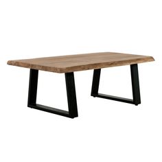 a wooden table with black metal legs