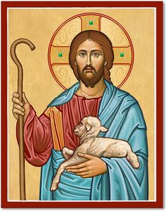 an icon of jesus holding a lamb