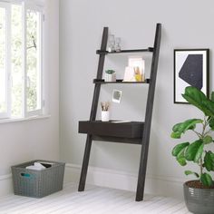 a ladder leaning up against a wall next to a potted plant in a white room