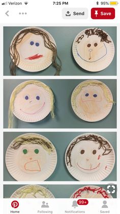 four paper plates with faces on them and the same person's face drawn on them