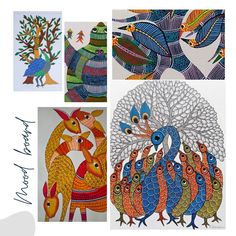 four pictures with different designs on them including birds and peacocks, one has a tree in the middle