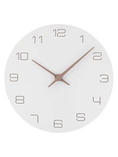 a white clock with brown hands and numbers on the face is shown against a white background