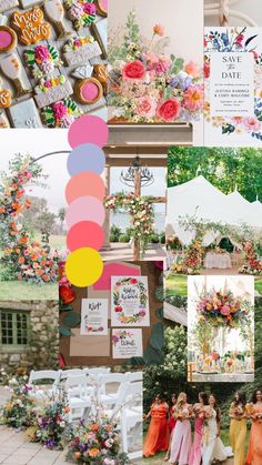 a collage of photos with flowers, cookies and desserts on display at an outdoor wedding