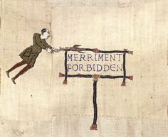 a drawing of a man holding a sign that says merriment forbidden