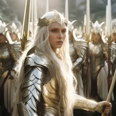 the white haired woman is standing in front of many other people wearing armor and holding swords