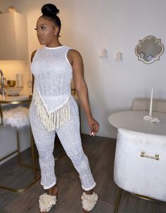 Cream colored mesh pants with asymmetrical matching top and fringe detail ~ Model wearing size medium ~ Has stretch Mesh Pants, Matching Top, Pant Set, Cream Color, Pants Set, Two By Two, Mesh, Size Medium, Cream