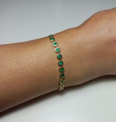 14K Solid Gold Bezel Set Emerald Half Eternity Bracelet 12x3mm High Quality Colombian Emeralds approx 1.44ctw Bezel Diameter 4.5mm Dont forget to visit our shop and Send us message if you have questions. Express Worldwide Shipping by FedEx, TNT Ship in 3-5 business days Delivery takes; US: 2-3 business days Europa: 1-3 business days Australia: 2-5 business days Canada: 2-4 business days UK: 2-3 business days Worldwide: 2-6 business days ARE ALL YOUR ITEMS REAL AND NATURAL ? -YES! We just using 1 Gold And Emerald Bracelet, Emerald Bracelet Gold, Jewelry Mood Board, Bracelet Emerald, Eternity Bracelet, Emerald Birthstone, Set Bracelet, Emerald Bracelet, Colombian Emeralds