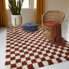 a room with a chair, rug and potted plant