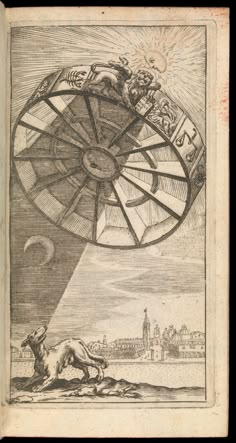 an old book with a drawing of a man on a horse in front of a ferris wheel